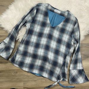 Plaid V-Neck Bell Long Sleeve Top Blue